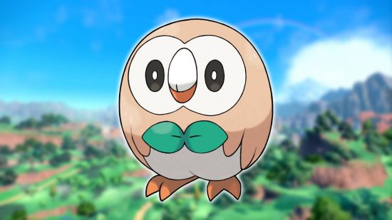 Starter Pokemon: a background image shows a screenshot from Pokemon Scarlet and Violet, while the foreground image shows key art of the Pokemon Rowlet