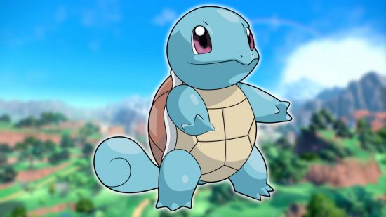 Starter Pokemon: a background image shows a screenshot from Pokemon Scarlet and Violet, while the foreground image shows key art of the Pokemon Squirtle