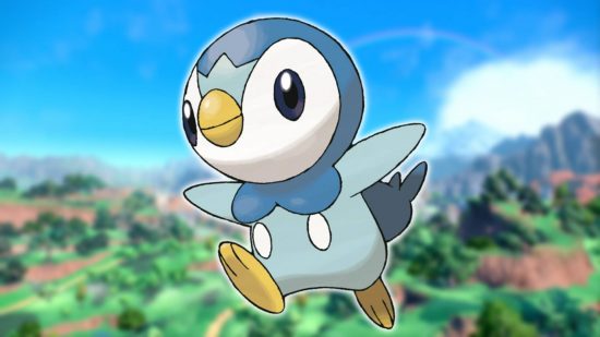 Starter Pokemon: a background image shows a screenshot from Pokemon Scarlet and Violet, while the foreground image shows key art of the Pokemon Piplup