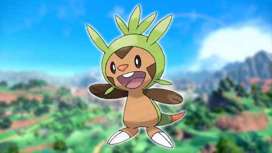 Starter Pokemon: a background image shows a screenshot from Pokemon Scarlet and Violet, while the foreground image shows key art of the Pokemon Chespin