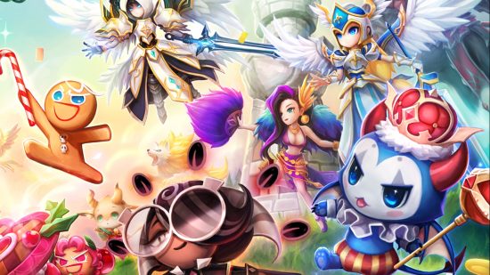 Summoners War Cookie Run: Kingdonm collaboration key art that depicts various characters from the games