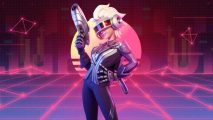 T3 Arena's Yaa posing with her hand on her hip and he gun raised in front of a pink grid background