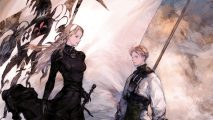 Character art for Tactics Ogre: Reborn, showing a man and a woman in a painterly style against a cloudy and abstract background. the woman has long blonde hair, a white headband, and a tight black outfit. She is rested her hand on a sheathed black sword. The man has short blonde hair, a white shirt with black armour over the top, and a long sword sheathed on his back.