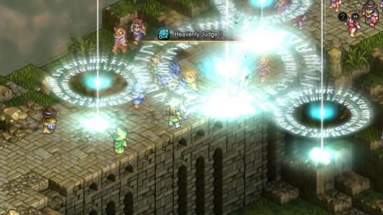 A screen shrouded in blue light as characters fight on ramparts of a castle, faraway.