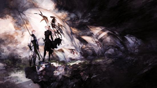 Two characters stood together in the lighter side while dark shrouds the other in the Tactics Ogre: Reborn key art