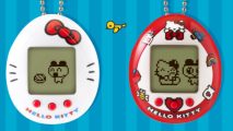 Promo art for the Tamagotchi Hello Kitty collection with both the white and red devices on a blue background
