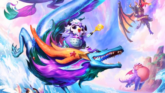 tft-dragonlands-uncharted-realms key art with a penguin riding a dragon