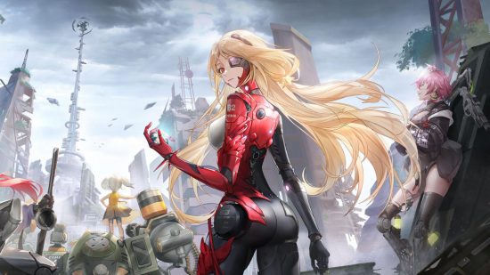 Nemesis, a long blonde-haired wearing a black red and white jumpsuit, with her body facing away from us and her head looking over her left shoulder, in art for Tower of Fantasy.