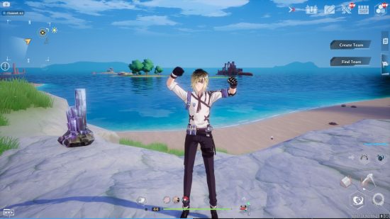A screenshot from Tower of Fantasy showing a character, arms above their head in a stretch, wearing a white top, black trousers, with white and black hair just touching their shoulders and black gloves over their hand. They are stood on a stony patch near a beach, ocean stretching in the distance, with a small island in the middle.