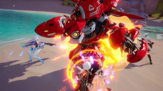 A screenshot showing Tower of Fantasy co-op, with three characters enshrouded in various elemental effects around a large red robotic enemy, all attacking the thing.