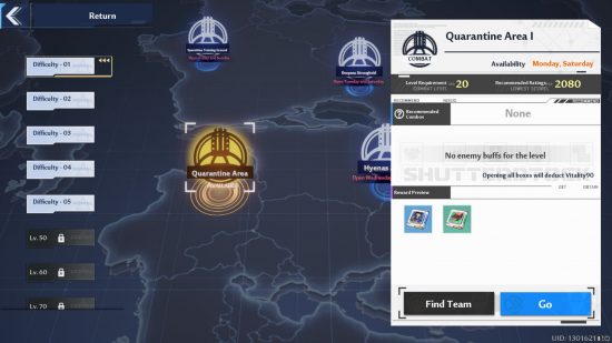 The Tower of Fantasy join operation screen, showing various symbols on a map corresponding to different missions, with a menu on the right detailing the mission, and a menu on the left offering different difficulty ranks.