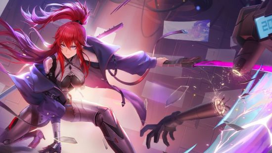 Art from Tower of Fantasy showing a red-haired character in a black jumpsuit in an action pose, sword out to her side post-slashing.