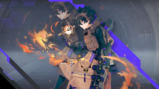 Tower of Fantasy Zero splash art showing him holding his Negating Cube while surrounded by flames