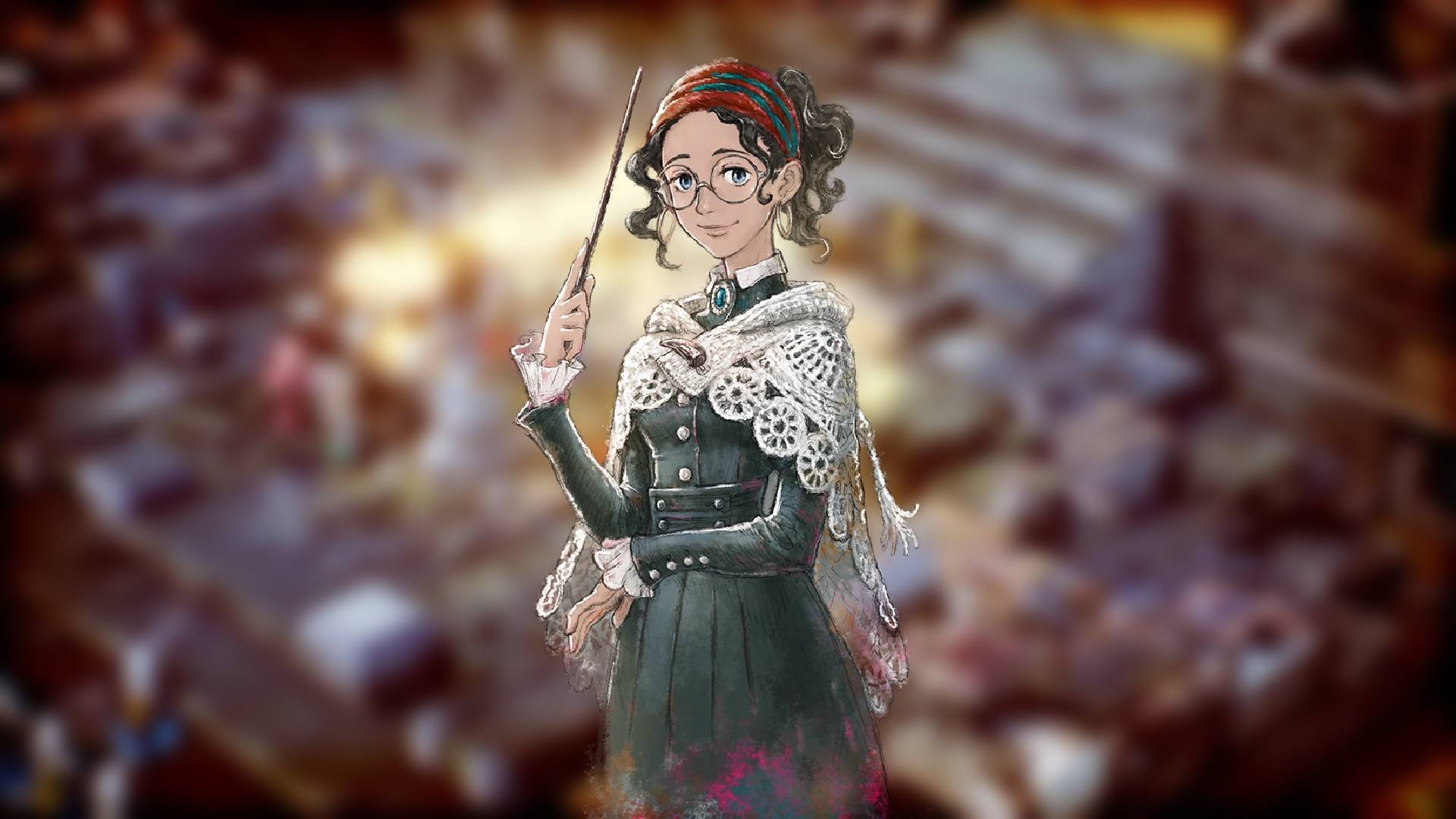 Triangle Strategy characters: Key art for the game Triangle Strategy shows an illustration of a young women with dark hair, glasses, and a wand 