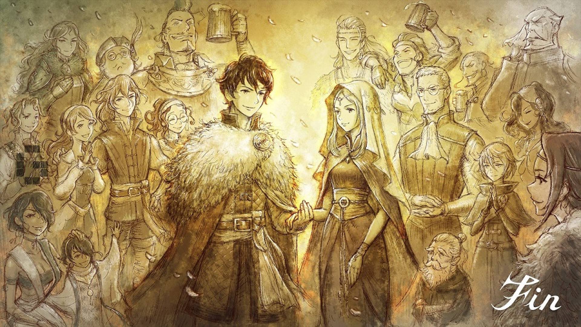 Triangle Strategy golden route: Key art for the game shows the main cast of characters, joined collectively in a triumphant ending. 