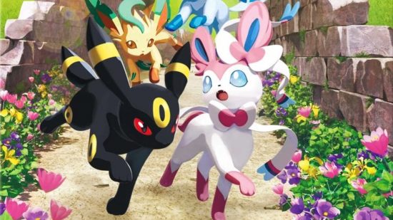 Umbreon running down a road having a conversation with Sylveon while Leafeon leaves drops