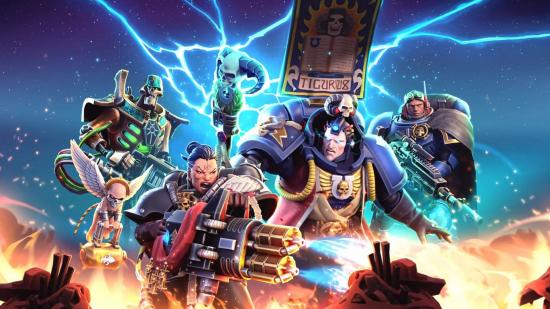 Warhammer 40,000 Tacticus key art with Warhammer characters blasting and electro bolting their way through unseen enemies