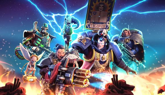 Warhammer 40,000 Tacticus key art with Warhammer characters blasting and electro bolting their way through unseen enemies