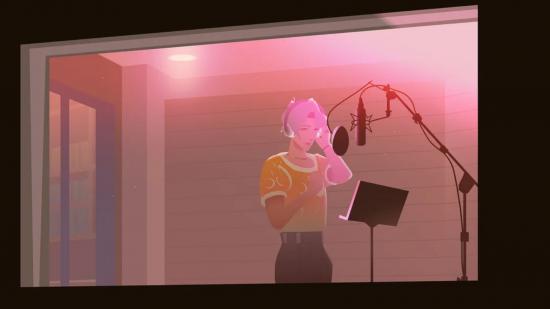 An We Are OFK character singing into a microphone in a vocal booth