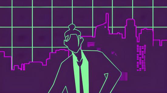 A scene from we are OFK, with the outline of a character in a suit with longish hair with shaved sides. Behind is a green grid with buildings outlined in purple. It looks like something out of an arcade game.