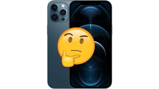 What is my iPhone? a thinking emoji with an iphone 12 pro max behind it