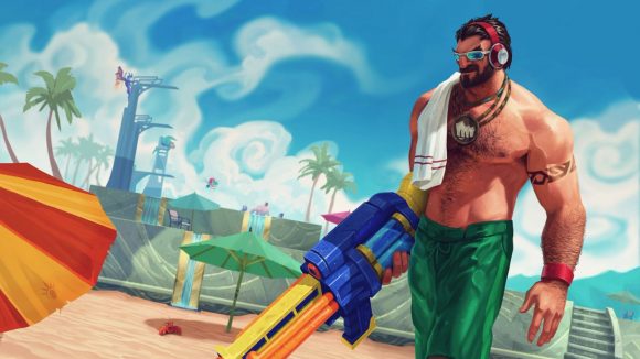 A character from League of Legends Wild Rift Pool Party event with a large water gun. They are on the beach, top off, with green swimming shorts on.