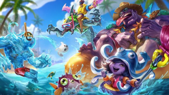 Various characters from League of Legends Wild Rift Pool Party event. There's a strange humanoid squid-like thing, lots of fish things, a large monster man playing a guitar or ukulele, and just a heck of a lot of splashing around in some clear water.