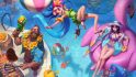 Various characters from League of Legends Wild Rift Pool Party event. There's a woman in a bikini lying in a pink flamingo pool float. There's a bearded dude in sunglasses wearing a flowery shirt and flower necklace. In the middle is a woman in green with loadsa blue hair doing a backflip or something.