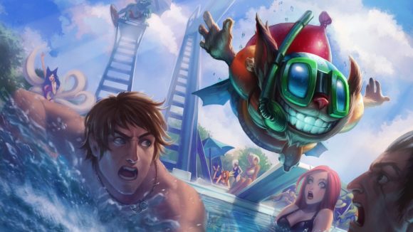 Various characters from League of Legends Wild Rift Pool Party event. There's a man in the foreground swimming away from a large round red orb with hands and a weird cartoony face. In the background is a red-haired woman in a black bikini looking scared.