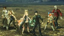 The full party of characters from Xenoblade Chronicles 3 in a line, looking up at the sky, seemingly a bit fearful. From left to right: Taion, a man in a white gown, with curly black hair and glasses; Eunie, a woman in a black outfit, with semi-short hair and wings on her head; Riku & Mañana, two Nopon (strange orb shaped creatures with wings they use as hands), blue and orange respectively; in front of them obscuring them is Mio, a woman in a long grey coat with a white dress underneath, she also has cat ears and a white bob; then Noah, a man in a black futuristic military outfit with a black ponytail; then Sent, a woman in a white and orange outfit with blue fiery hair; then Lanz, a strong dude with a red jacket on tight and grey skin.