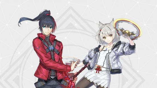 Mio, a woman with cat ears, a grey bob, and white dress with grey jacket over the top, holding two yellow rings in either hands, and Noah, a man with a black ponytail, red jacket, black trousers, and a sheathed red sword, standing next to each other in art for Xenoblade Chronicles 3.