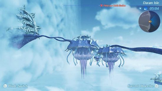 A screenshot from Xenoblade Chronicles 3 showing floating island with paths stretching between them in a cloudy sky.