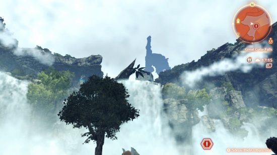 A shot from Xenoblade Chronicles 3 showing the silhoetted hilt of a giant sword poking up behind a massive cliff with waterfalls flowing off it.