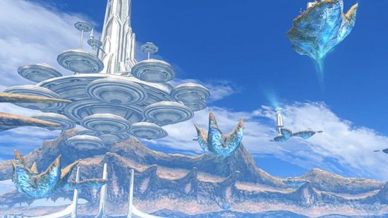 A screenshot from Xenoblade Chronicles showing a giant city in the sky, ufo shapes surrounding it with one large tower in the middle
