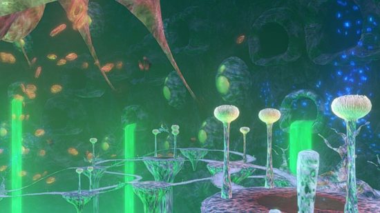 A screenshot from Xenoblade Chronicles showing glowing fungus-like plants in a cave, everything glowing strange colours.