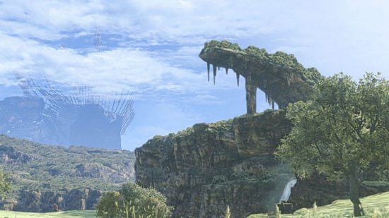 A screenshot from Xenoblade Chronicles showing a large grassy outcrop over a big block of flat stone in the distance, on a large grassy plain with trees on it.