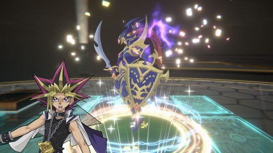 Yu-Gi-Oh, a spiky haired kid, in art for the game Yu Gi Oh Cross Duel. He's in the bottom right corner, mouth agape, while behind him is a 3D animated knight-type character, with ornate purple armour and shield and a scimitar.