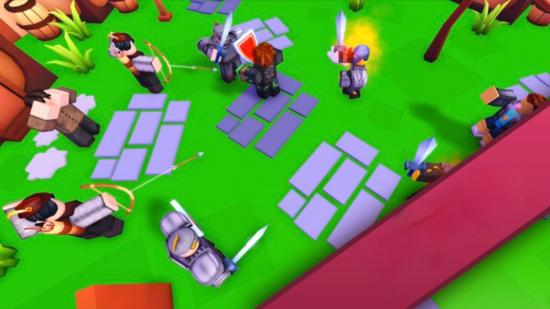 A bunch of Roblox characters that look like knights fighting on a grassy patch of land with bits of stone in it in a screenshot from Zombie Army Simulator.