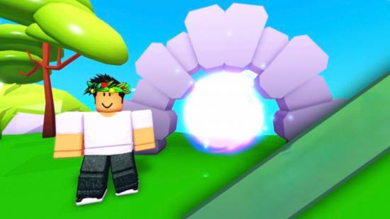 A Roblox character with a leafy crown stands in from of a portal within a stone arch, next to it is a tree with green leaves, in a screenshot from Zombie Army Simulator.