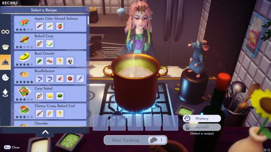 A player at the cooking pot looking at Disney Dreamlight Valley recipes with Remy at the side