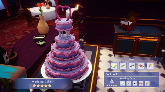 Disney Dreamlight Valley recipes - a wedding cake with Remy sat next to it