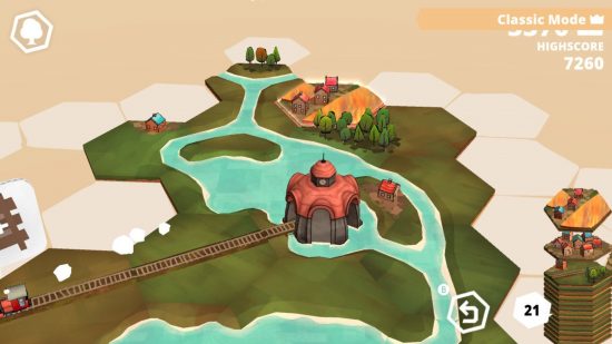 A scene from Dorfromantik showing various bits of cartoony land, water and rivers, a large structure and a train track.