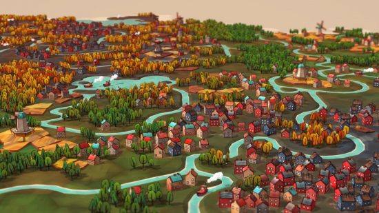 A scene from Dorfromantik showing dense trees both yellow and green, various rivers flowing through the land, and some reddish houses in the front.