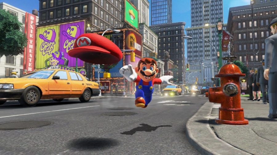 Mario running through the streets of New Donk city, taxi behind him, throwing his cap out in front.