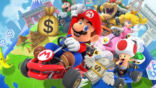 art from Mario Kart Tour showing Mario, peach, Toad, Bowser, and Luigi in go karts, with a stylised globe in the background. There's an emoji of a bag with a dollar sign on it superimposed on the left of Mario, and an emoji of a wad of dollars with wings on the right.