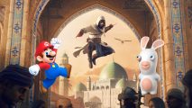 A picture of an ancient city in Baghdad, with a skyline of towers and domes, an archway revealing it, and a man in a white robe jumping through the archway with a blade sticking out of his sleeve, alongside a superimposed image of Mario jumping and a Rabbit looking suspicious, representing some of the lineup at an upcoming Ubisoft Forward event.