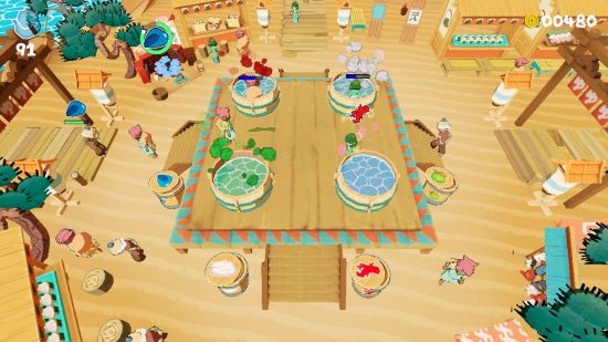 Onsen Master review - a gameplay screenshot from the beach onsen
