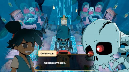 Onsen Master review - introduction to a boss battle with a giant skeleton 
