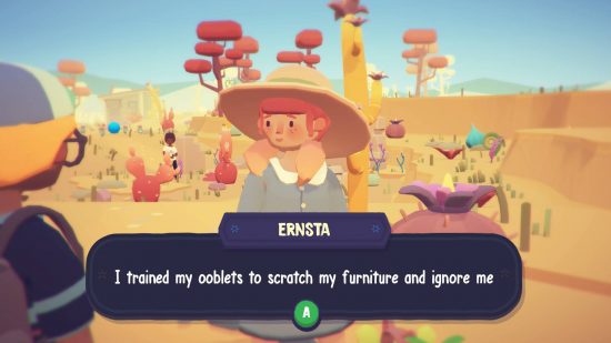 Ooblets review: a character with a large hat talks to the protagonist, saying "I trained my Ooblets to scratch my furniture and ignore me" 