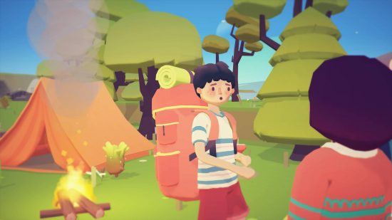 Ooblets review: a screenshot shows a character reacting shocked, while walking around with a large backpack on their back 